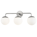 Paige 3 Light Bath Bracket with three white frosted globe shades and polished chrome steel frame