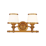 Milton 2 Light Bath Bracket with circular decorative backplate, metal rails, and opal pleated glass shades trimmed in brass