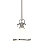 Single pendant light with glossy opal glass dome shade, silver metal fittings, cloth-cord suspension