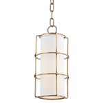 Tall pendant light with cylindrical white fabric shade encased in bronze metal cage frame hanging from adjustable chain