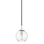 Rousseau 1 Light Pendant with clear dotted glass globe and visible bulb, suspended on black cord