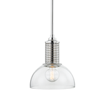 Halcyon pendant light with clear glass dome shade, metal fitter with diamond perforation, suspended from a polished rod