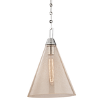 Newbury 1 Light Pendant with conical textured glass shade and chrome chain suspension, 16 inches tall