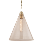 Newbury 1 Light Pendant with conical clear glass shade featuring inlaid brass strands and brass fixture