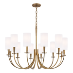 Mason 12 Light Chandelier with brushed brass finish and twelve white cylindrical shades on curved arms