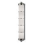 Albany 4 Light Wall Sconce with elongated frosted glass covered by polished metal bands and gothic-inspired metal accents
