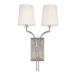 Glenford 2 Light Wall Sconce with brushed metal finish and two white fabric shades on curved arms
