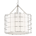 Sovereign 3 Light Pendant with cylindrical white fabric shade and geometric silver metal cage surrounding it, suspended by...