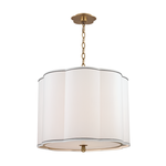 Four-light pendant with softly curved navy blue pinstriped fabric shade, plate glass diffuser, and brass finish canopy and...