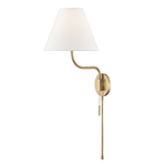 Patti 1 light wall sconce with plug, white tapered fabric shade and brushed brass curved arm with pull chain