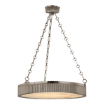 Lynden 5 Light Pendant with alabaster diffuser and Art Deco style metal disc suspended by decorative chains from canopy