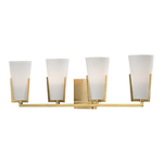 Upton 4 Light Bath Bracket with frosted conical glass shades and faceted brass arms on stepped backplate