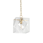Modern pendant light with clear cube glass shade and gold metal frame hanging from matching chain