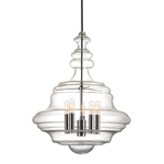 Washington 5 Light Large Pendant with clear figured glass in layered, rounded shape and exposed filament bulbs on metal cy...