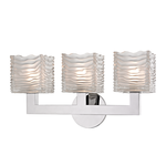 Three-light bath bracket with textured, square glass diffusers and polished chrome arm and round backplate