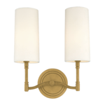 Dillon 2 Light Wall Sconce with curved brass arms and two tall cylindrical white fabric shades