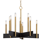 Abrams 10 Light Chandelier with black angular metal frame and ten vertical brass rods topped with clear tubular bulbs