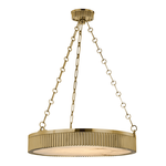 Lynden 5 Light Pendant in polished brass with a ribbed circular frame suspended by three decorative chain links