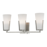 Upton 3 Light Bath Bracket with three frosted glass shades and brushed nickel finish on horizontal bar