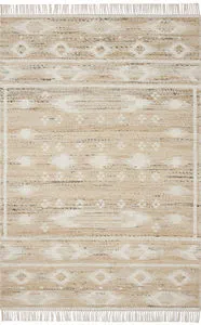 Ivory and natural tone Rivers flatweave rug with symmetrical motifs and woven fringes on short edges