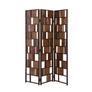 Three-panel wooden space divider with varied sized rectangular cut-outs and a rich walnut finish