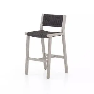 Delano Outdoor Stool with weathered grey teak frame and thick handwoven dark grey rope seating and backrest