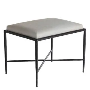 50-inch wide bench with ivory hide upholstered cushion and gunmetal bronze forged iron frame