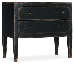 Rustic black two-drawer nightstand with softly distressed finish and rounded drawer fronts