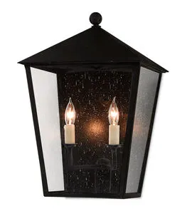 Bening Outdoor Wall Sconce with black frame, clear seeded glass, and two candle-style light bulbs