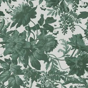 Enzia Emerald wallpaper with large leafy and floral pattern in deep green on a light background