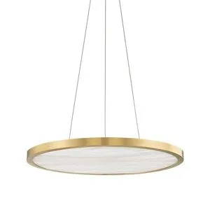 24-inch round LED pendant light with a brushed brass frame and white diffuser, suspended by three thin cables