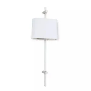 Taurus sconce side view showing curved white shade mounted on acrylic and metal frame