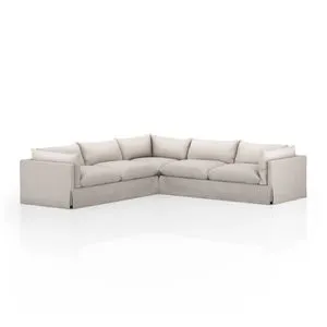 Habitat 3 Piece 122" slipcovered sectional sofa in neutral high-performance fabric with shelter arms and plush cushions.