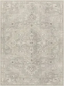 Elle Sage/Dusty Sage traditional area rug with muted dusty sage hues and intricate machine woven pattern in medium pile