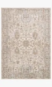 Ivory and sand vintage style rug with intricate floral and geometric patterns in muted neutral tones