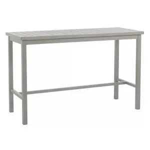Outdoor aluminum bar table with classic slatted rectangular top and four straight legs in light grey finish
