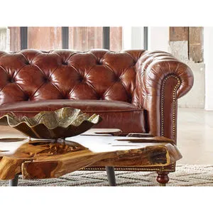 Rich brown top-grain leather Birmingham Sofa with tufted chesterfield back, rolled arms, and brass nailhead trim