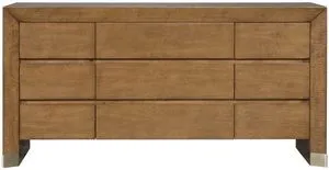 Dune Dresser with nine wood grain drawers, warm natural finish, clean lines, and metal-capped legs