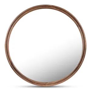Large round mirror with double wooden frame featuring warm, rich wood tones and smooth finish