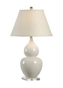 Fulton Vase Lamp in cream crackle glaze ceramic with double gourd shape, clear acrylic base, and eggshell shade