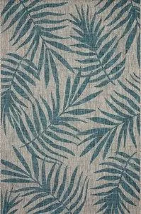 Indoor/outdoor power-loomed rug with aqua palm leaf pattern on a grey textured background