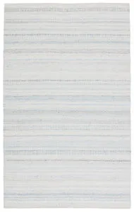 Light blue and ivory handwoven indoor/outdoor rug with geometric tribal pattern and speckles of rust and dark blue