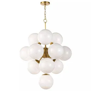 Same chandelier design with white swirl glass globes instead of warm tone globes
