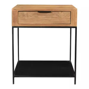 Joliet Side Table with solid teak wood top, black metal base, single drawer, and shelf