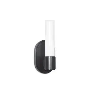 Dixon Single Sconce with cylindrical opal white glass cover and dark metal oval backplate