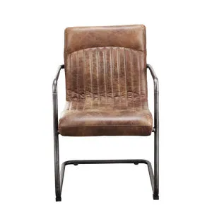 Ansel Arm Chair set of two with distressed brown top grain leather and industrial iron frame, front view