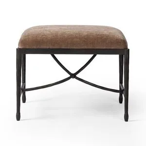 Jade Accent Stool with bronzed hammered iron curved stretcher base and velvety earth tone cushioned seat