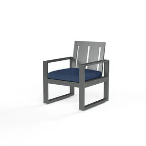Redondo Dining Chair with wide slat back, linear slate-finished aluminum frame, and blue cushioned seat