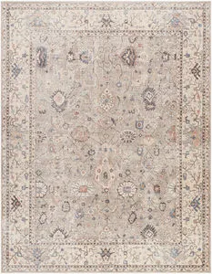 Davina machine woven off-white rug with traditional floral motifs in soft blue and terracotta hues