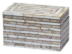Rectangular decorative box with mosaic mother of pearl tiles in multi-tonal iridescent strips